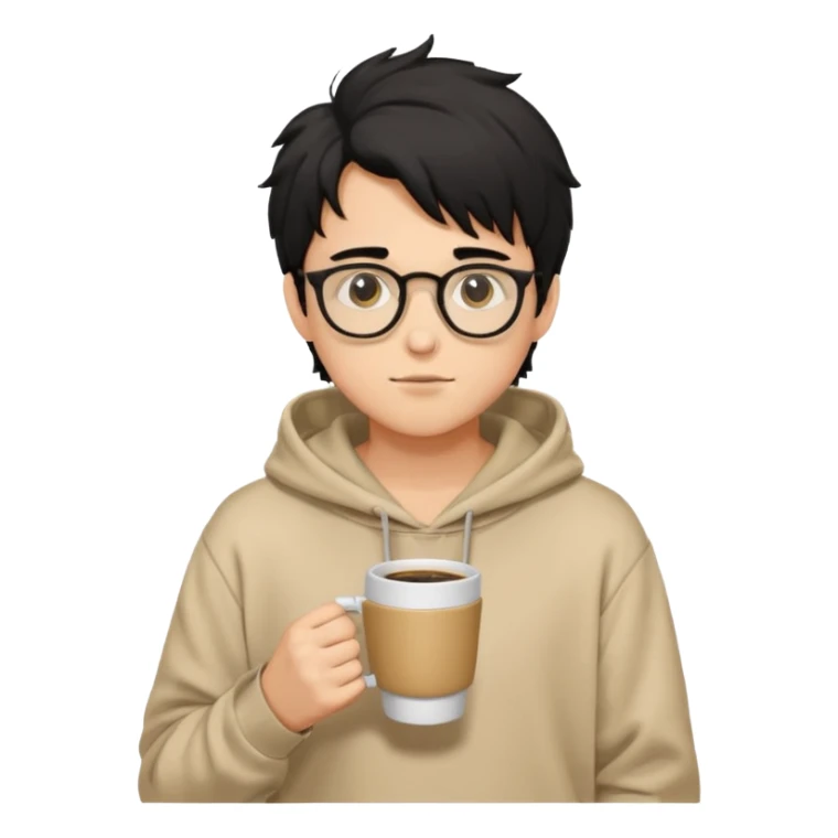 a light tan handsome boy with messy a black hair and spectacles. wearing a beige oversized and loose hoodie with a coffee in hand sticker