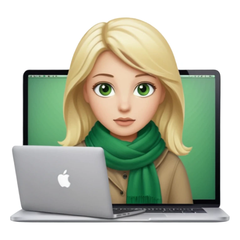 blond women skine , with green eyes and scarf . with macbook sticker