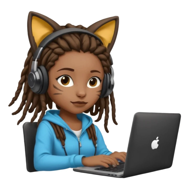 black girl with dreads who works remotely through a laptop with cat ear headphones sticker