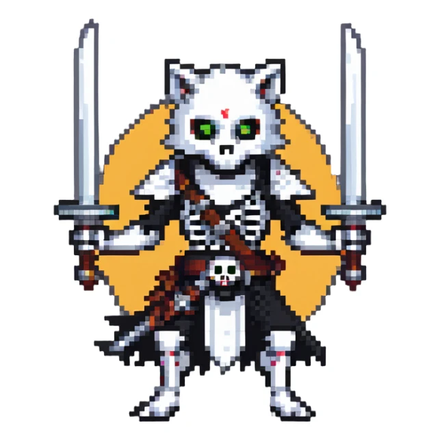 pixel art ninja skeleton wielding swords, accompanied by a white wolf sticker