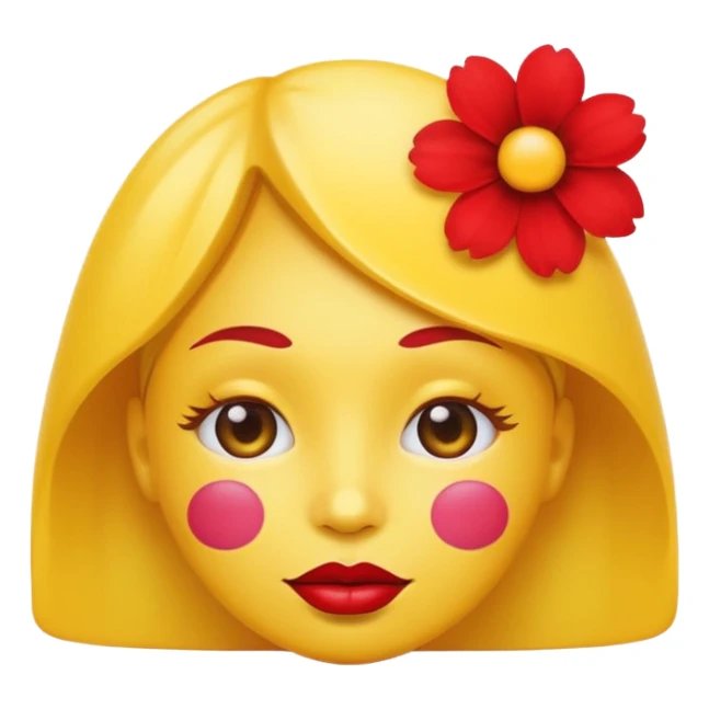 Create an yellow circle face emoji that lips are big, red, shiney and have flower on her head sticker