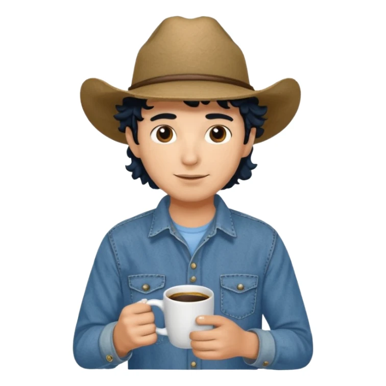 Ranch hand with blue hat and coffee mug, curly black hair sticker