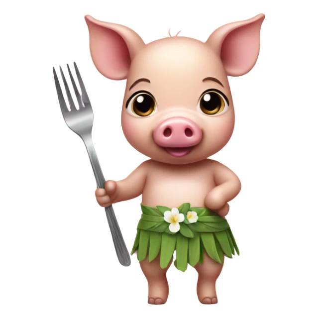 Baby pig wearing a hula skirt holding a fork sticker