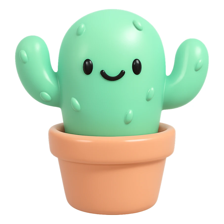 smiling cactus in a pot, vinyl figure style, exaggerated features, shiny finish, simple background sticker