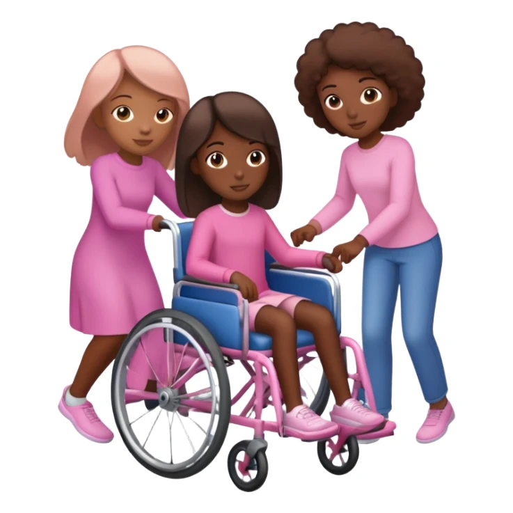 One dark skinned sister and one tan skinned sister pushing her light brown sister in a pink wheelchair sticker