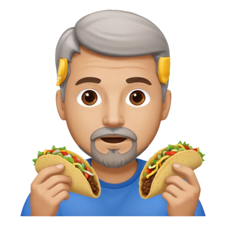 White man, blue eyes, brown gray hair, gray goatee, eating a taco sticker