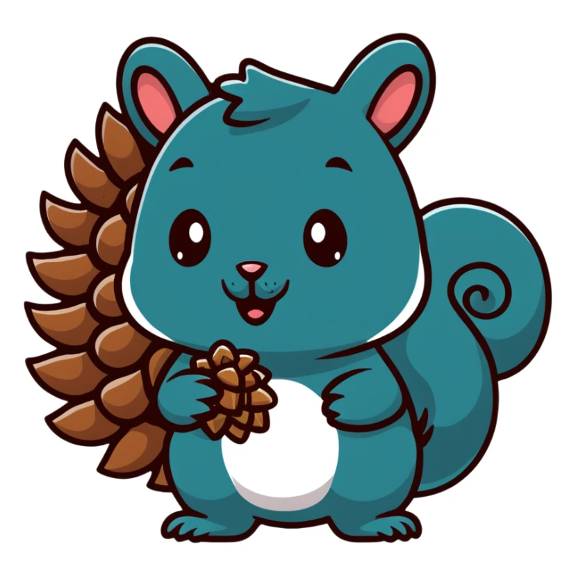 A greedy little squirrel with a big pine cone on top of its head, showing a strange facial expression, wide eyes sticker