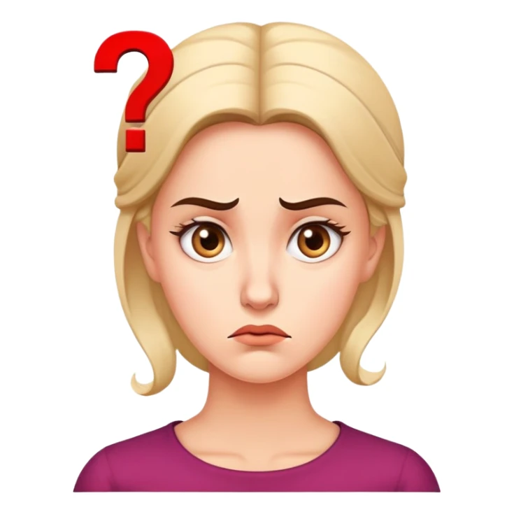 A woman with a confused facial expression, furrowed brow, and question mark above her head sticker