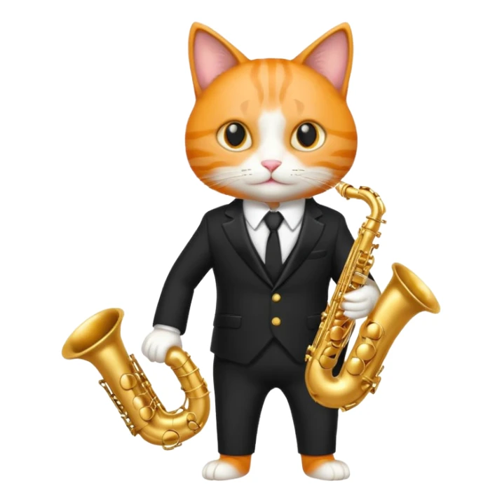 orange cat play gold saxophone, wear black suit sticker