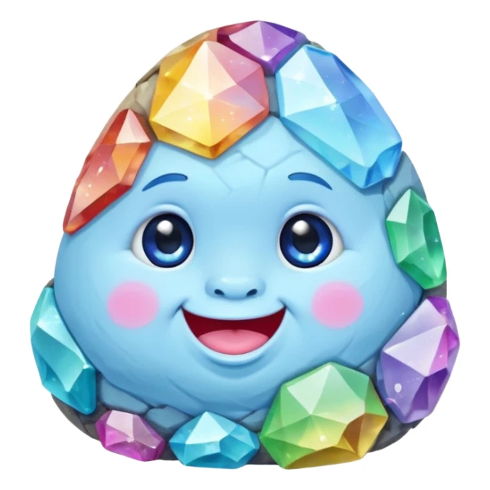 A single pastel rainbow crystal baby rock character, chubby and heavy with a chunky, irregular polygon shape, not egg-shaped, covered in faceted crystal planes and small chips, soft blue face carved into the rock, big glossy rainbow eyes and a small smiling mout sticker