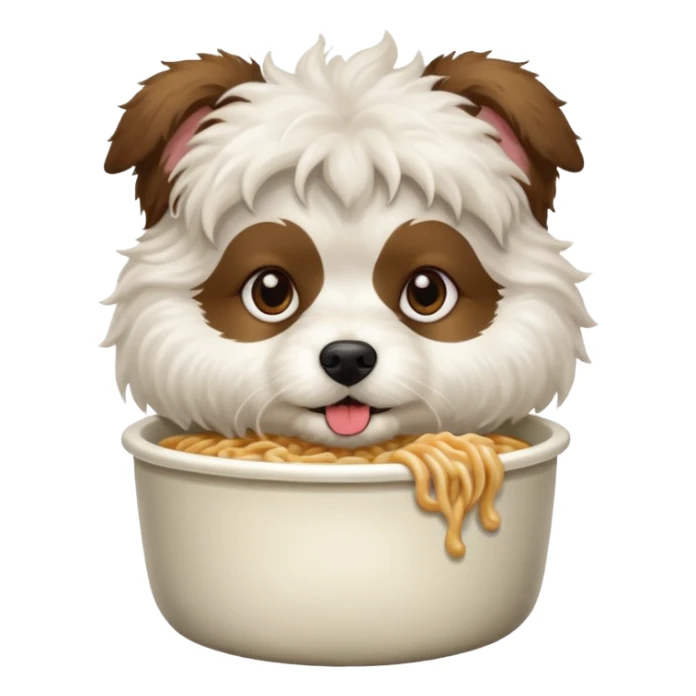 a brunette white wooly dog eating a pot noodle sticker