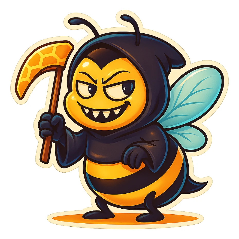 Give this mischievous cartoon bee grim reaper a honeycomb-shaped scythe instead of the regular one in retro stickers style. sticker