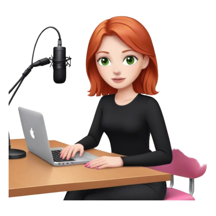 Redhead with green eyes sat at desk with pink MacBook and  podcast microphone black top and pink chair  sticker