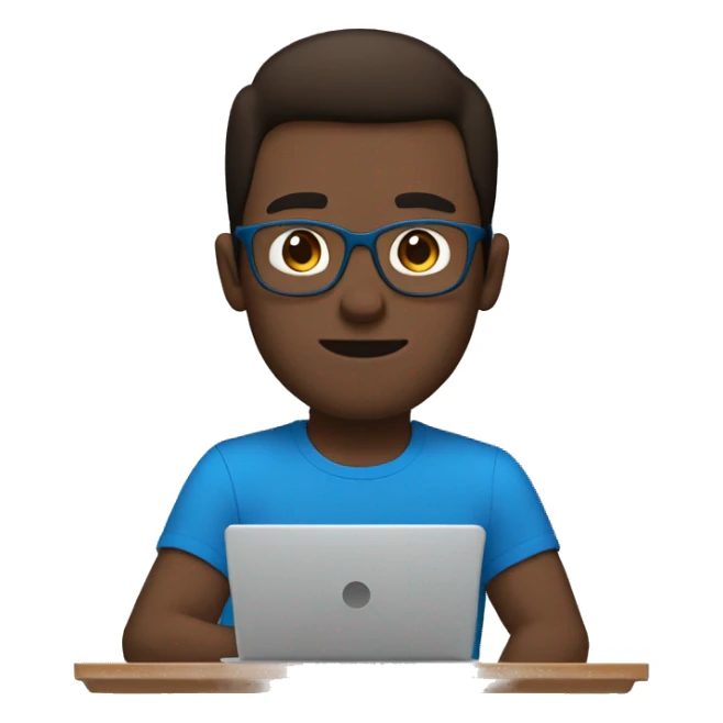 white guy with no beard dark brown hair brad pit style and square glasses typing in laptop wearing blue t-shirt sticker
