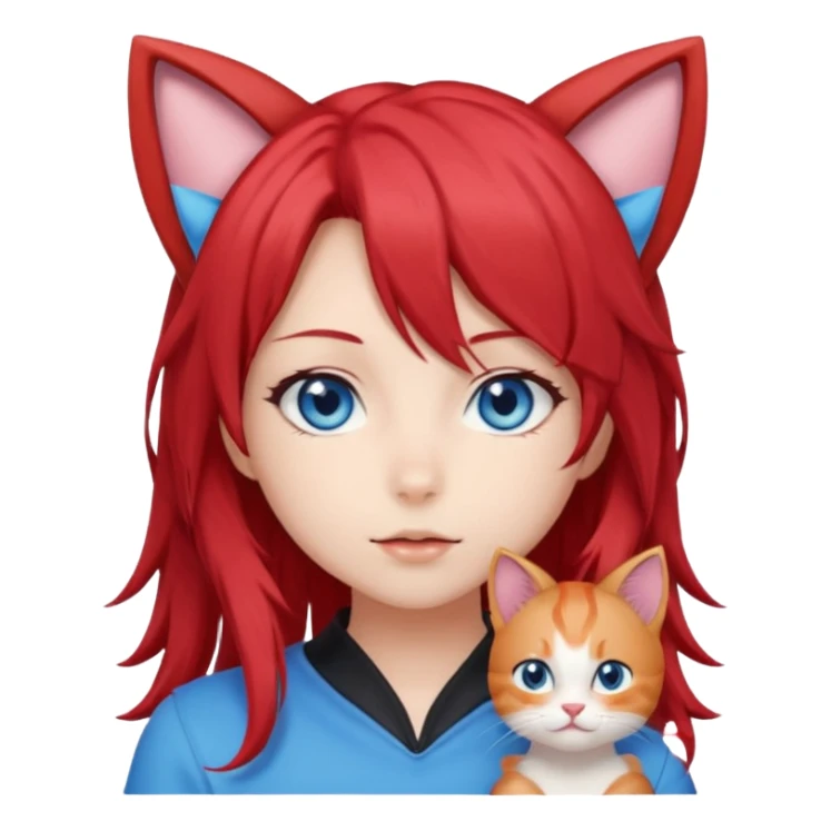 cute anime girl with cat ears, red blowing hair sticker