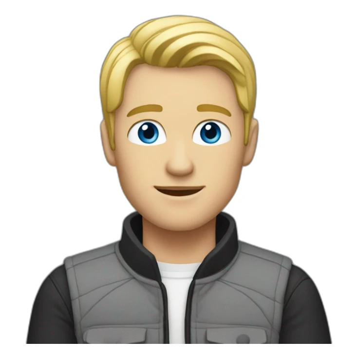 A blond man with blue-gray eyes is wearing a gray jacket and a black vest sticker