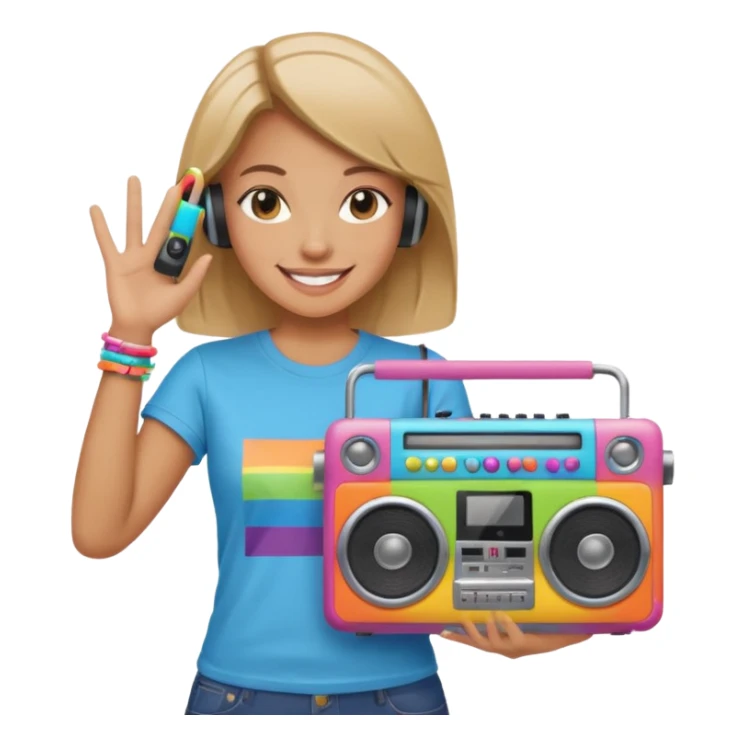 woman holding colorful boombox sticker
