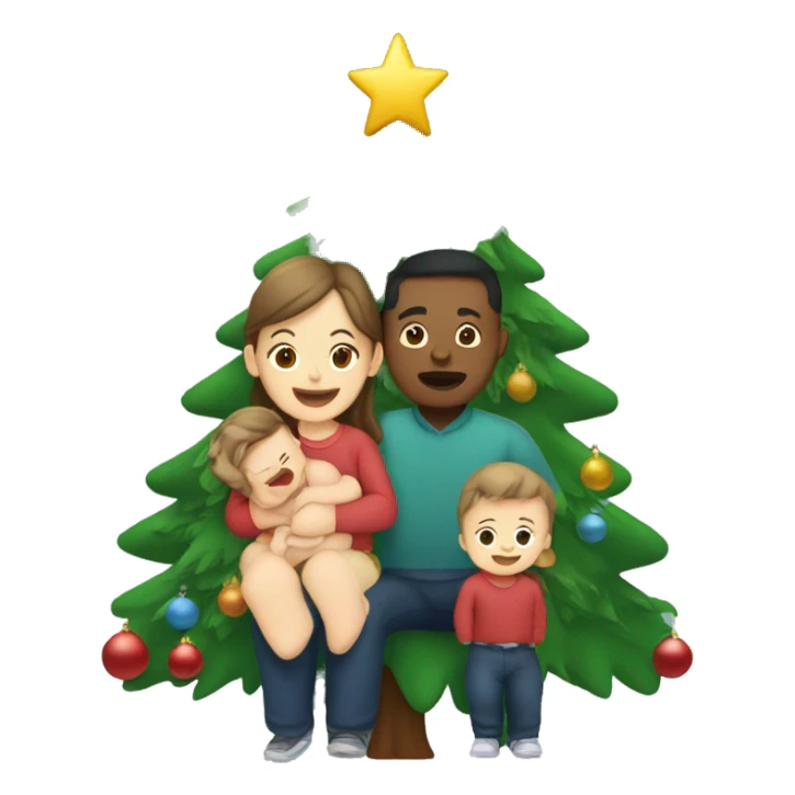 Father mother and baby around a christmas tree sticker