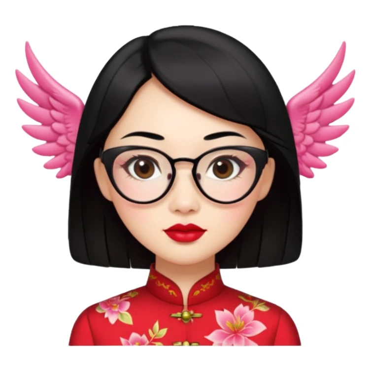 a Chinese lady in a red cheongsam, red lipstick, winged eyeliner, fair light skin with pink undertones, small nose, plump lips, average build, transparent glasses, mid-length black hair sticker