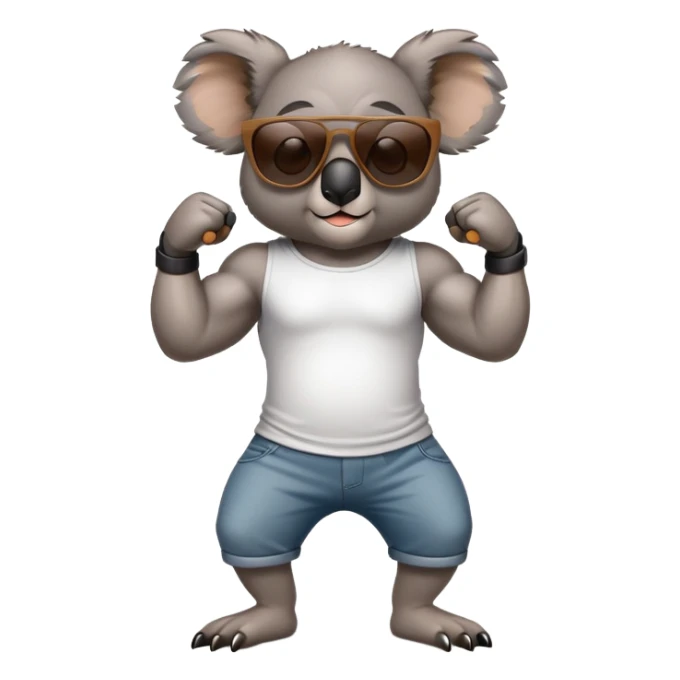 anthropomorphised koala, full body, casual clothing, dark sunglasses, flexing muscles sticker