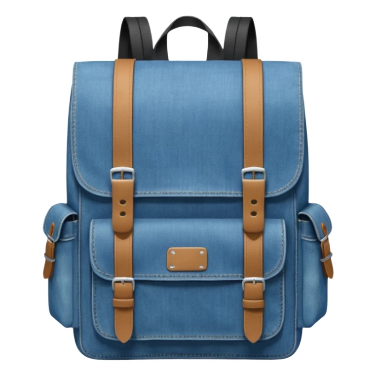 a blue denim backpack with a flap top, two vertical *black buckle straps* on the front. The backpack has two side pockets and a soft square shape. 

 sticker