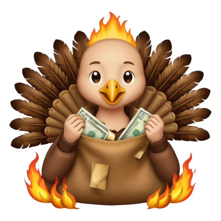 Can you create a turkey warming up a bag of money by a fire sticker