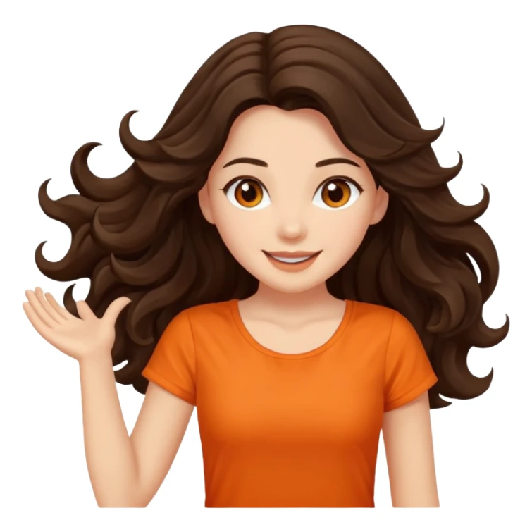 Long dark wavy hair women in orange top twirling around sticker