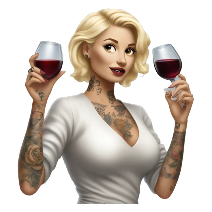 Blonde elegant women, her Body Covered with Tattoos, Wine in her One Hand, Pointing Forward with her Other Hand , Hyper realistic sticker