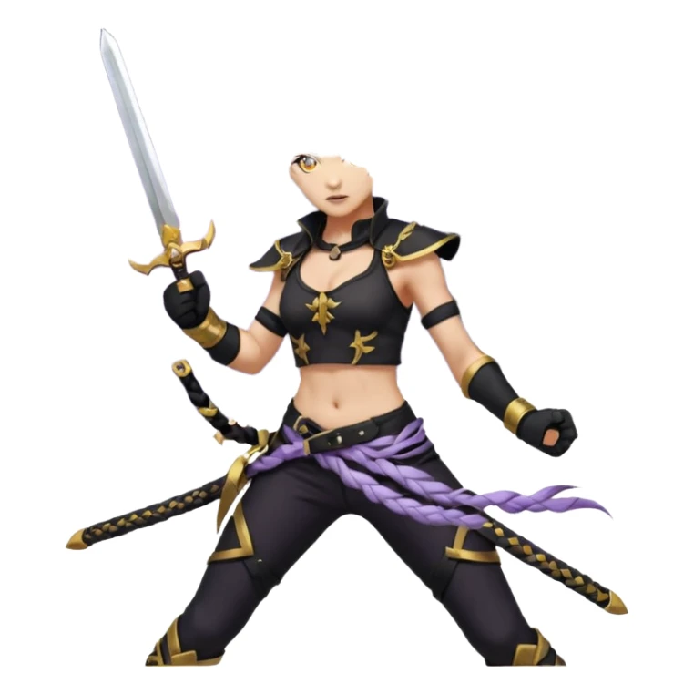 A sword maiden, mohawk, long braid white hair with lavender and tips long messy bangs one side, gold yellow eyes, black crop top, with both fighting gloves up in defensive ready pose, delivering a lightning quick vertical upwards front kick with volcanic force sticker