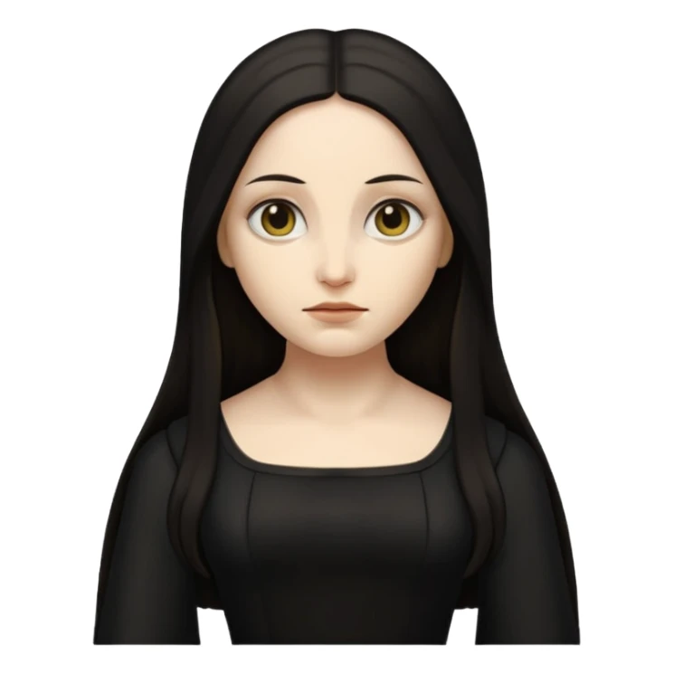 Gothic Mona Lisa emoji, pale skin, black dress, moody expression, minimalistic sticker