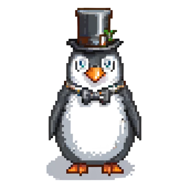 elegant penguin with monocle and top hat, pixel art style sticker