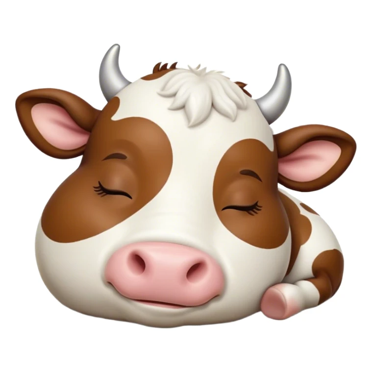 Meme-Worthy Cute Sleeping Brown and White Cow Portrait Emoji, Head resting peacefully with a contented smile, showcasing a robust build and a luxuriously soft patterned hide of brown and white, eyes shut in a serene, restful nap, Simplified yet hilariously adorable features, highly detailed, glowing with a soft, drowsy light, high shine, relaxed and utterly lovable, stylized with an air of playful laziness, bright and heartwarming, soft glowing outline, capturing the essence of a comically sleepy cow, so meme-worthy it feels like it could instantly become the next viral sensation of adorable slumber! sticker