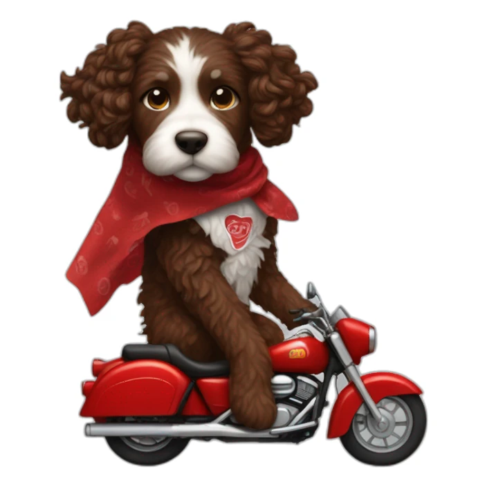 A chocolate brown doodle with wavy fur wearing a red and black handkerchief riding a motorcycle sticker