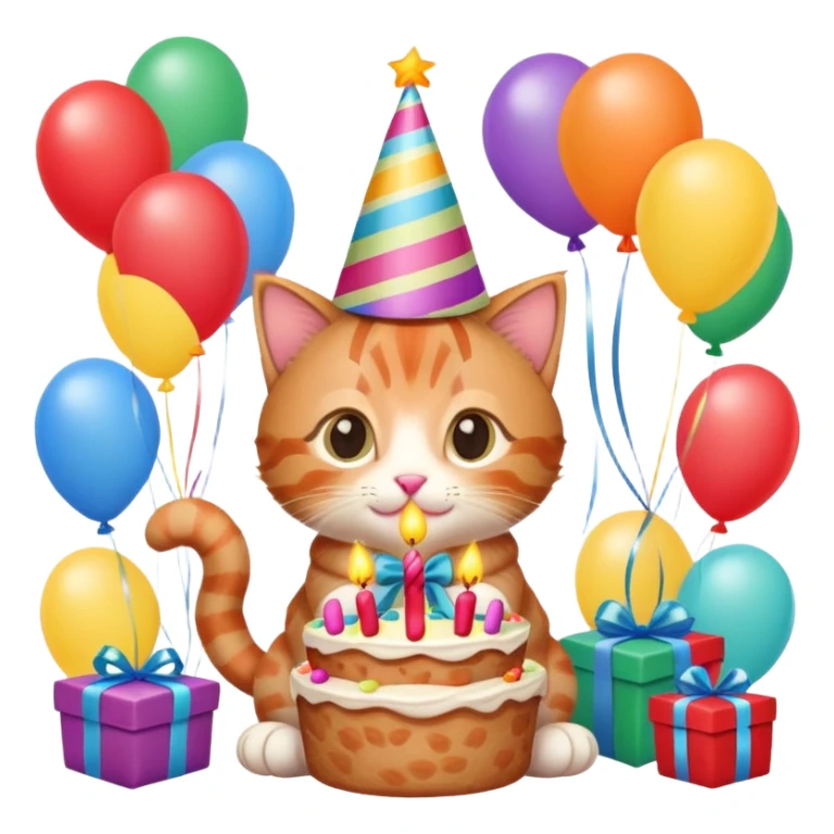 Ginger tabby kitten celebrates birthday, birthday hat, birthday cake, balloons, happy, gifts sticker