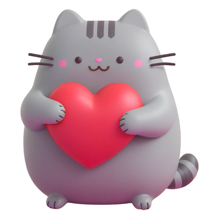 Pusheen hugging a big heart, 3D, pastel colors, joyful sticker