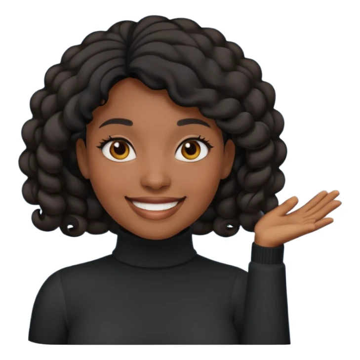 Create a custom emoji-style character inspired by a smiling black woman with curled black hair, dark skin tone, dark eyes, and wearing a turtleneck.  sticker