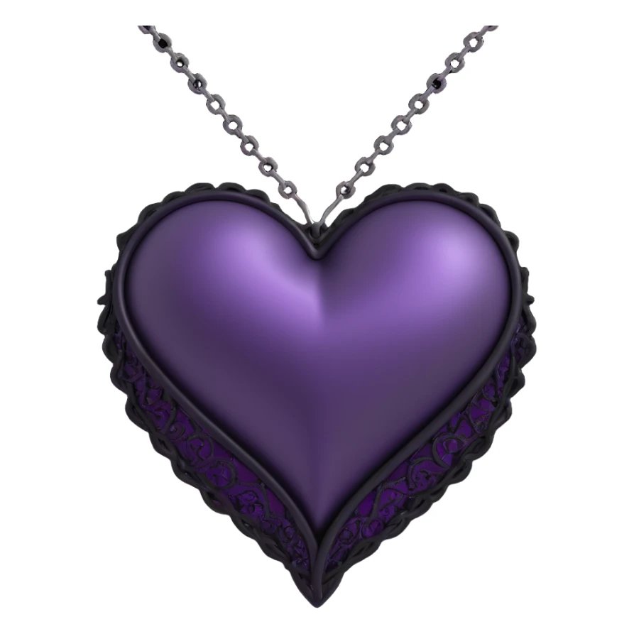 3D emoji gothic heart, deep purple satin, black lace trim, silver chain wrap, faint purple glow sticker