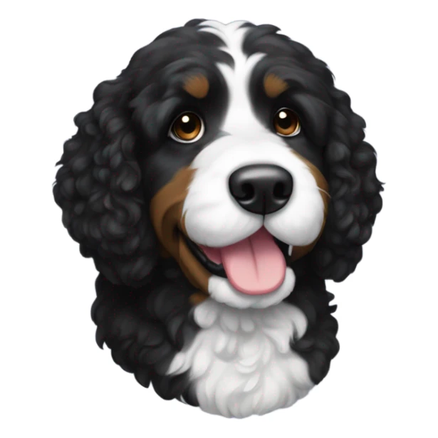 A black bernadoodle breed dog. Black with a tuxedo-like white neck sticker