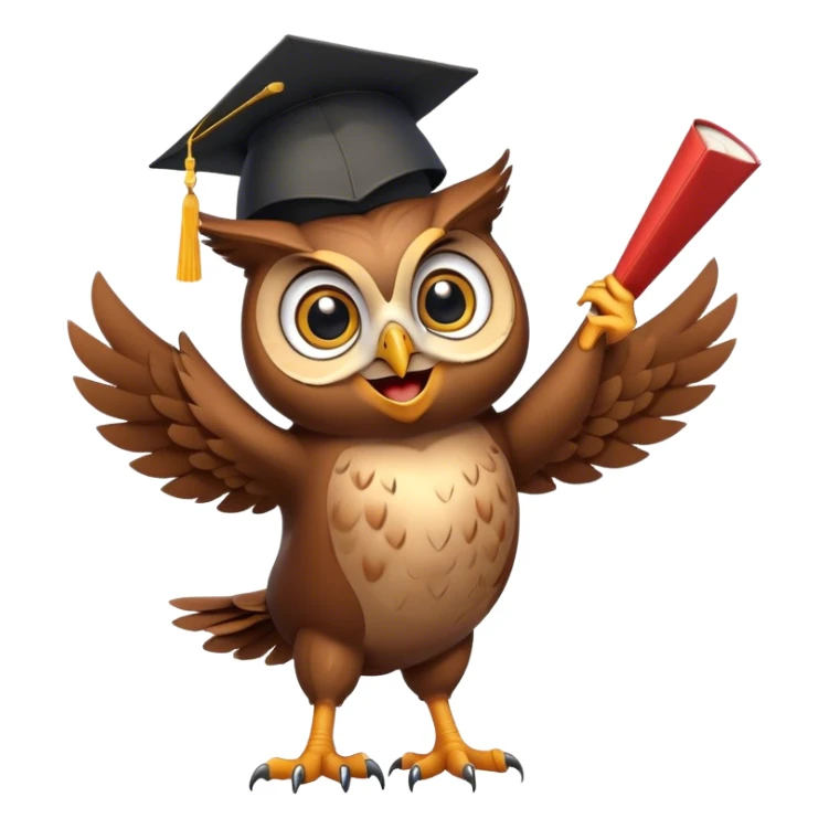 Owl smiling and dancing with graduation hat and diploma in claws sticker