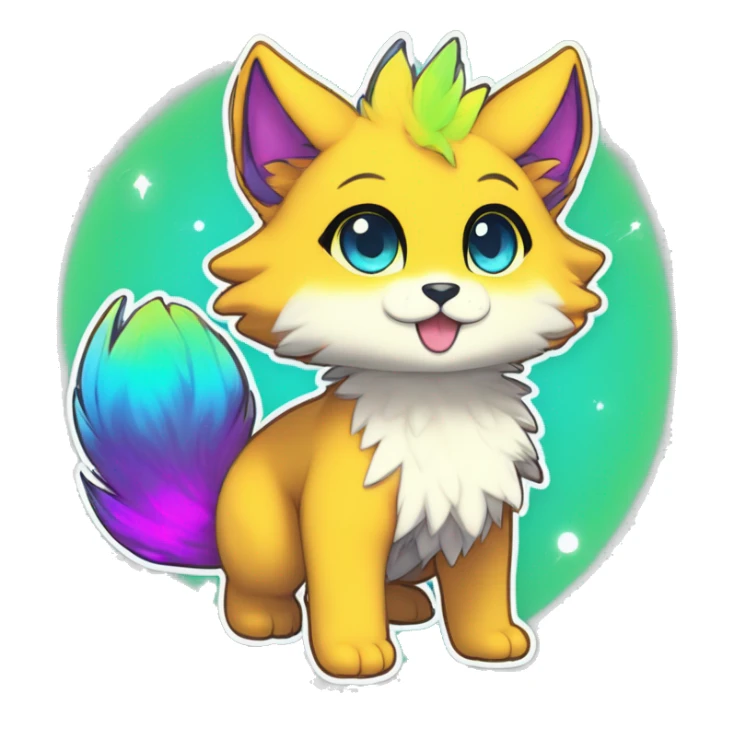 Anthro Fluffy Cool Cute Magical Elemental Shiny Colorful Neon Vibrant Colors Sparkle Kemono-style Chibi Fantasy-Animal-Fakémon-Pokémon-Hybrid Fur Sona Aesthetic Full Body Sticker sticker