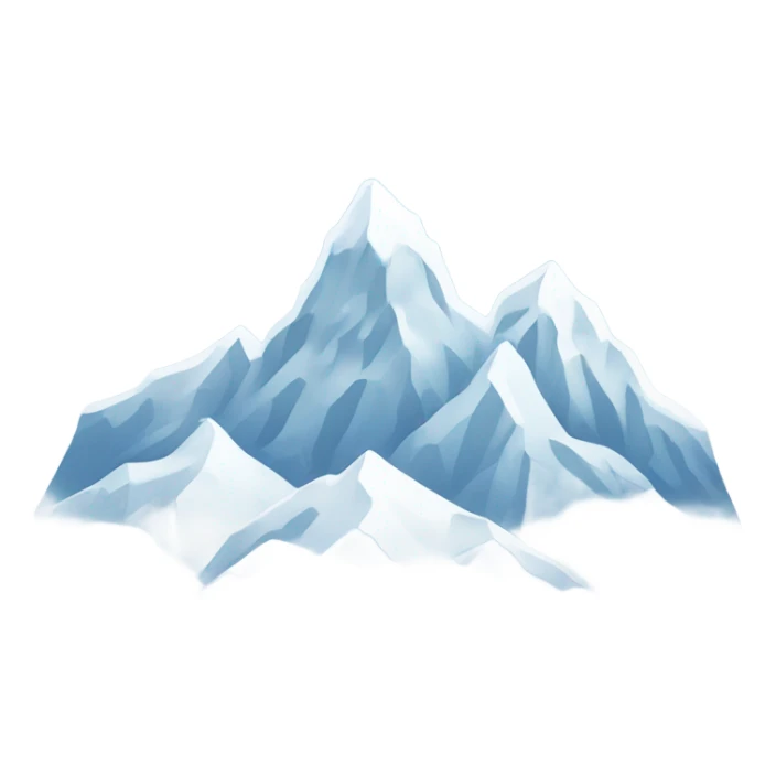 Create an emoji featuring snowy mountain peaks under a clear blue sky. Add a few snowflakes falling and soft white clouds. Use cool tones like white, light blue, and gray for a crisp, wintery aesthetic sticker