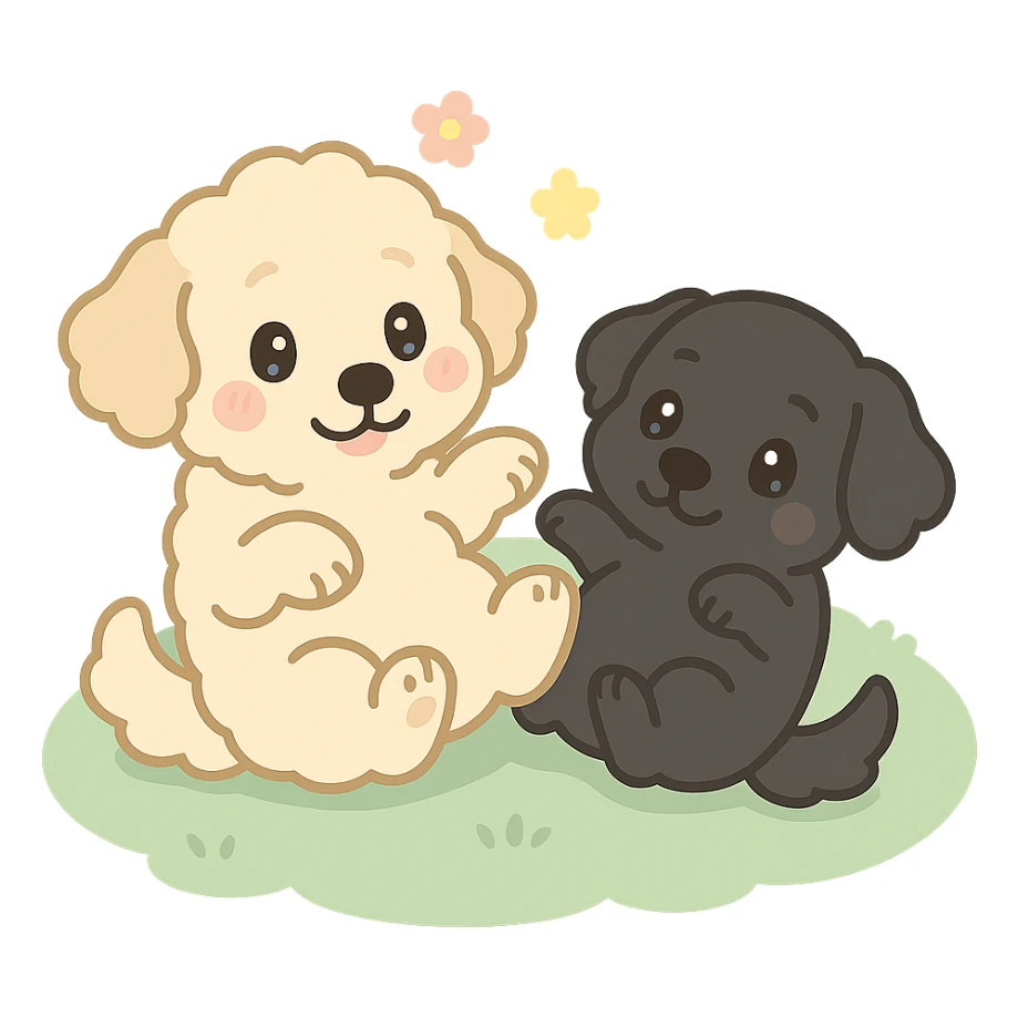 large light cream colored goldendoodle and small black golden retriever, chibi style, rolling on the grass together sticker