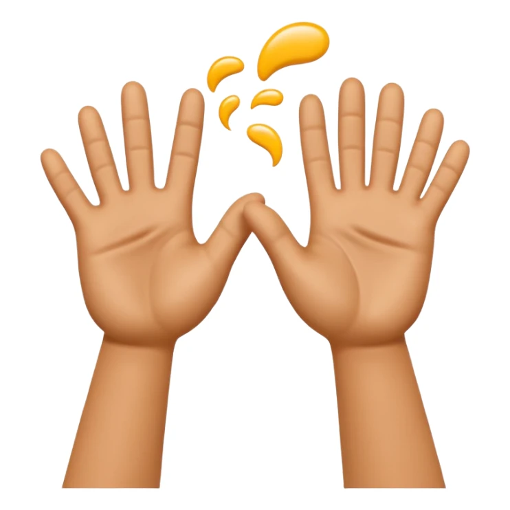 A 3D Apple-style emoji showing two different cartoon hands clapping together in a fun "high five / slap" gesture, only hands visible, with small motion lines and cheerful energy around, colorful and playful design sticker