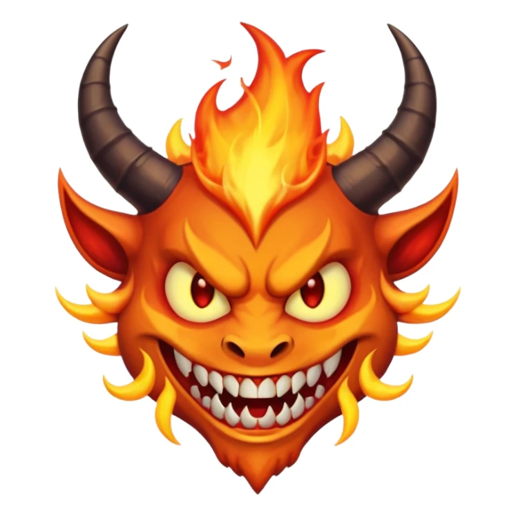 Create a dark-themed emoji of a demonic face with sharp, curved horns, glowing white eyes, an evil grin with large pointed fangs, and abstract flame-like patterns around the face. The background should be pure black. sticker