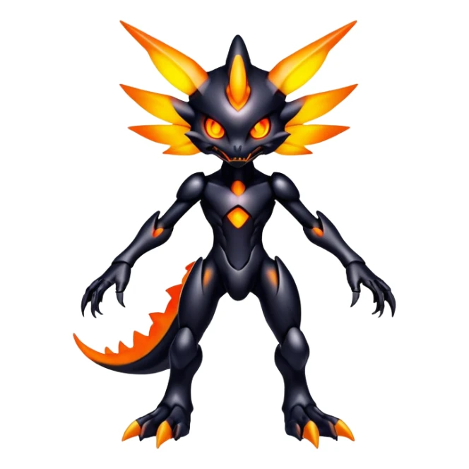 futuristic dark shadowy evil neon-glowing warm-colored Fakémon-Digimon-hybrid-creature (full body) sticker