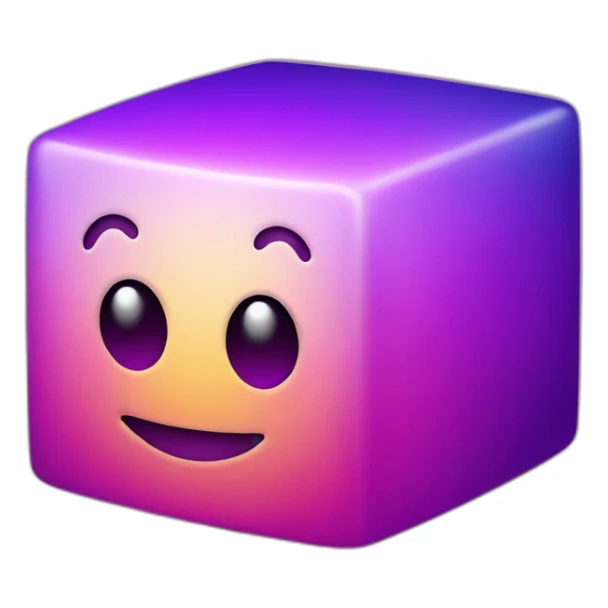 purple gradient smiling cube with 2 hands on its side and 2 legs below with a hat sticker