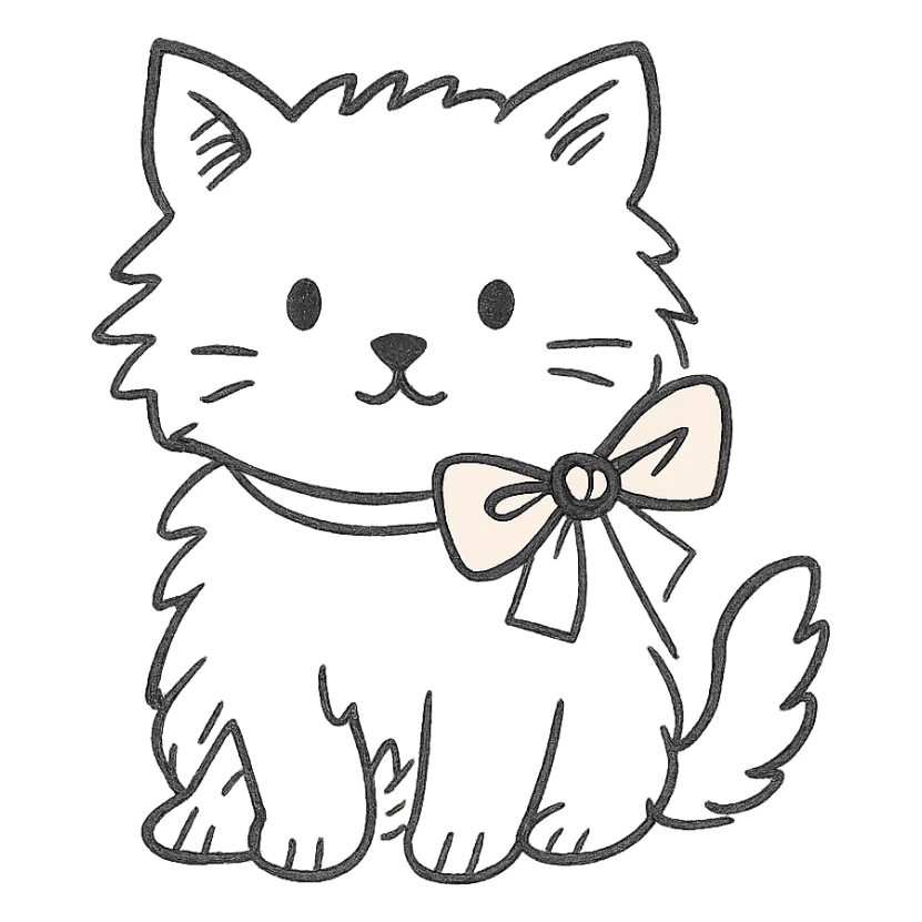 cute fluffy white kitten with a light pink bow, hand drawn icon style sticker