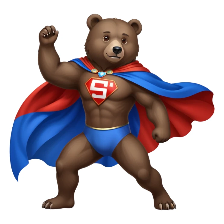 Medium-dark brown bear on four legs with Russian flag as a flowing cape, white, blue and red cloth draped over its back like a superhero cape sticker