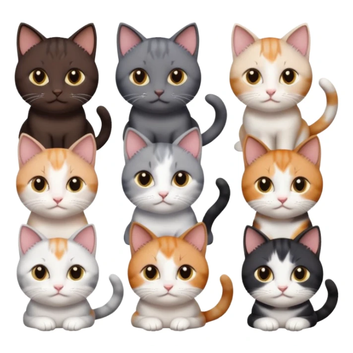 5 different coloured short haired cats including; a dark brown and white cat, and a dark grey and white, and a calico sticker