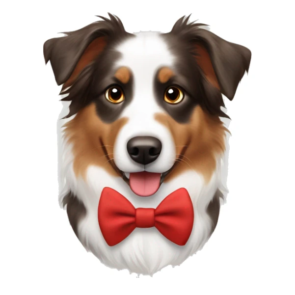 White and brown Australian shepherd with a red bow tie sticker